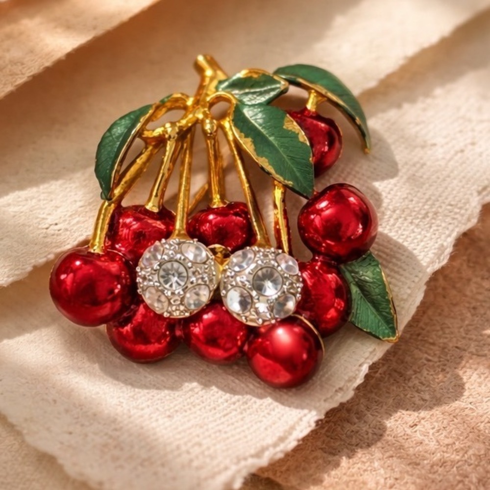 Vintage Red Cherry Brooch Gold Tone Rhinestone Enamel Fruit Pin Retro Summer